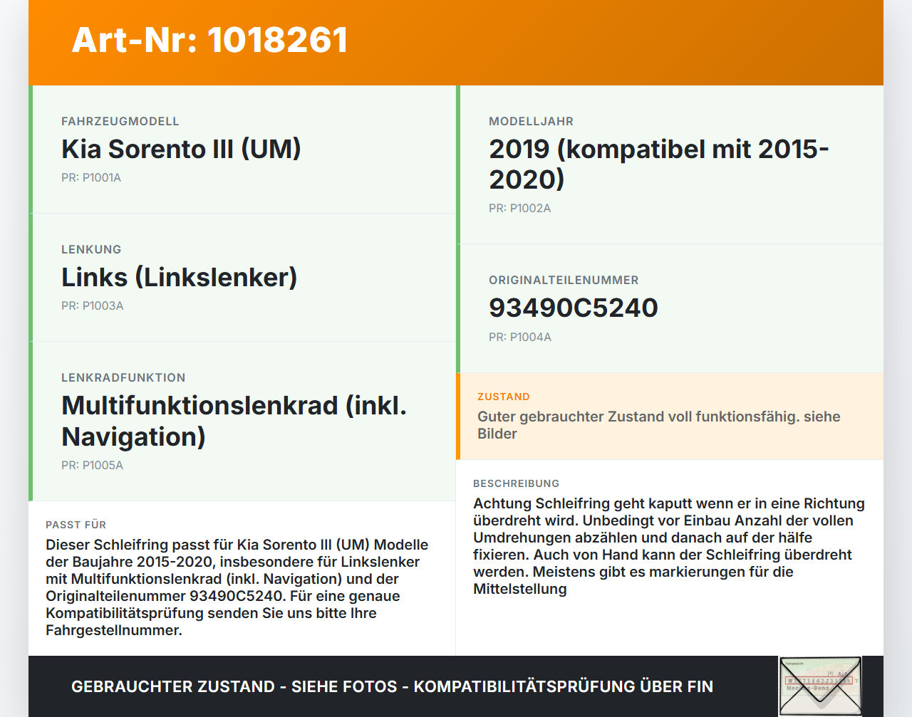 Kia Sorento III UM 15-20 Airbag Schleifring Wickelfeder Kia Sorento III UM 15-20 11.10.2018 93490C5240 gebraucht Vorschau 3