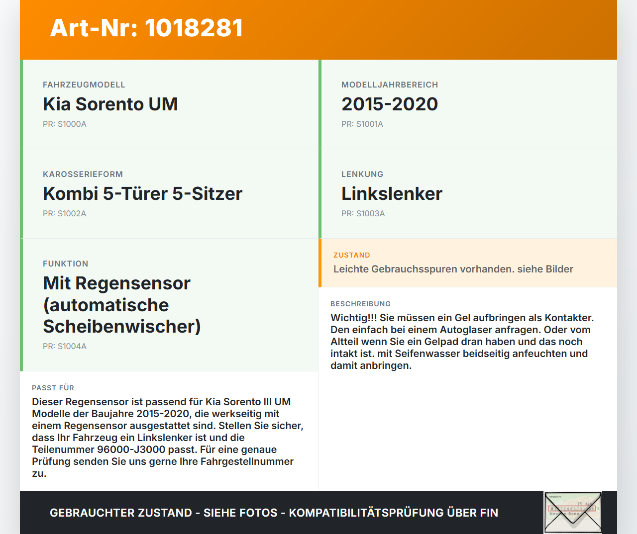 Kia Sorento III UM 15-20 Regensensor Kia Sorento III UM 15-20 11.10.2018 96000-J3000 gebraucht Vorschau 3