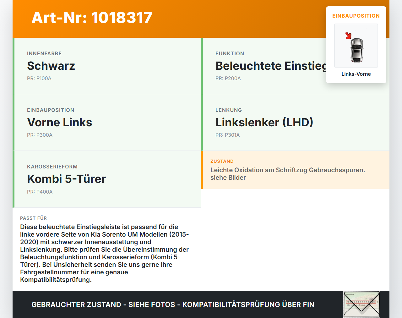 Kia Sorento III UM 15-20 Einstiegsleiste Links Vorne beleuchtet Kia Sorento III UM 15-20 11.10.2018 gebraucht Vorschau 3