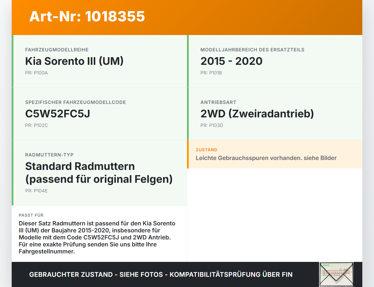 Kia Sorento III UM 15-20 Satz Radmuttern Muttern Radbolzen Kia Sorento III UM 15-20 11.10.2018 gebraucht Vorschau 3