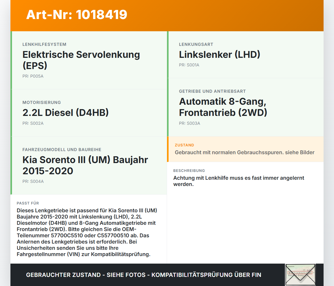 Kia Sorento III UM 15-20 Lenkgetriebe Servolenkung Lenkhilfe elektr. Stellmotor Kia Sorento III UM 15-20 11.10.2018... Vorschau 3