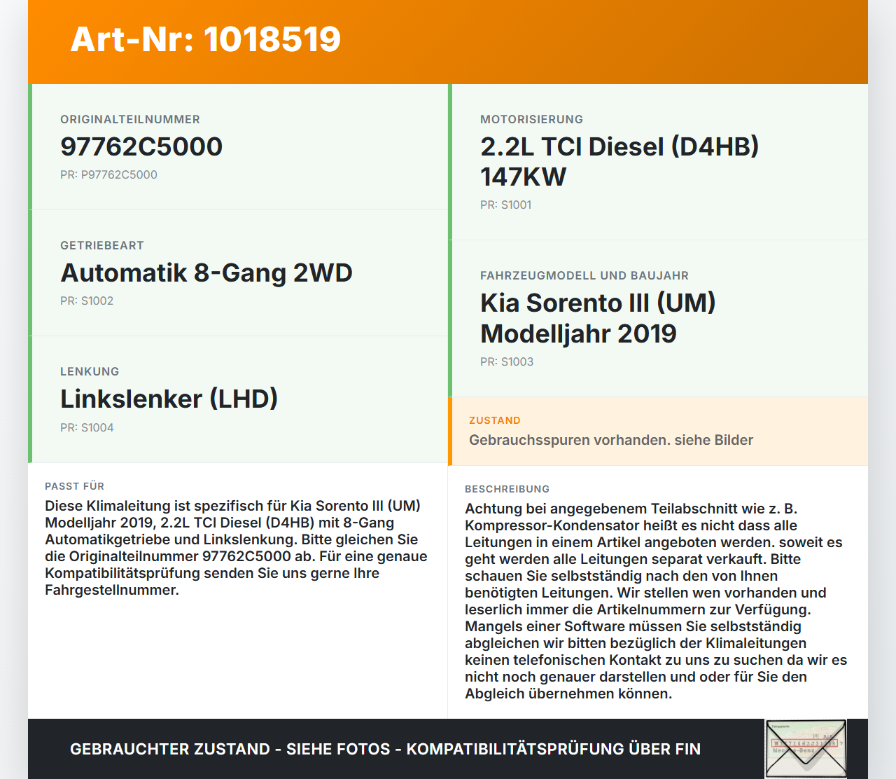 Kia Sorento III UM 15-20 TCi 2,2 147KW Klimaschlauch Klimaleitung Kia Sorento III UM 15-20 11.10.2018 97762C5000... Vorschau 3