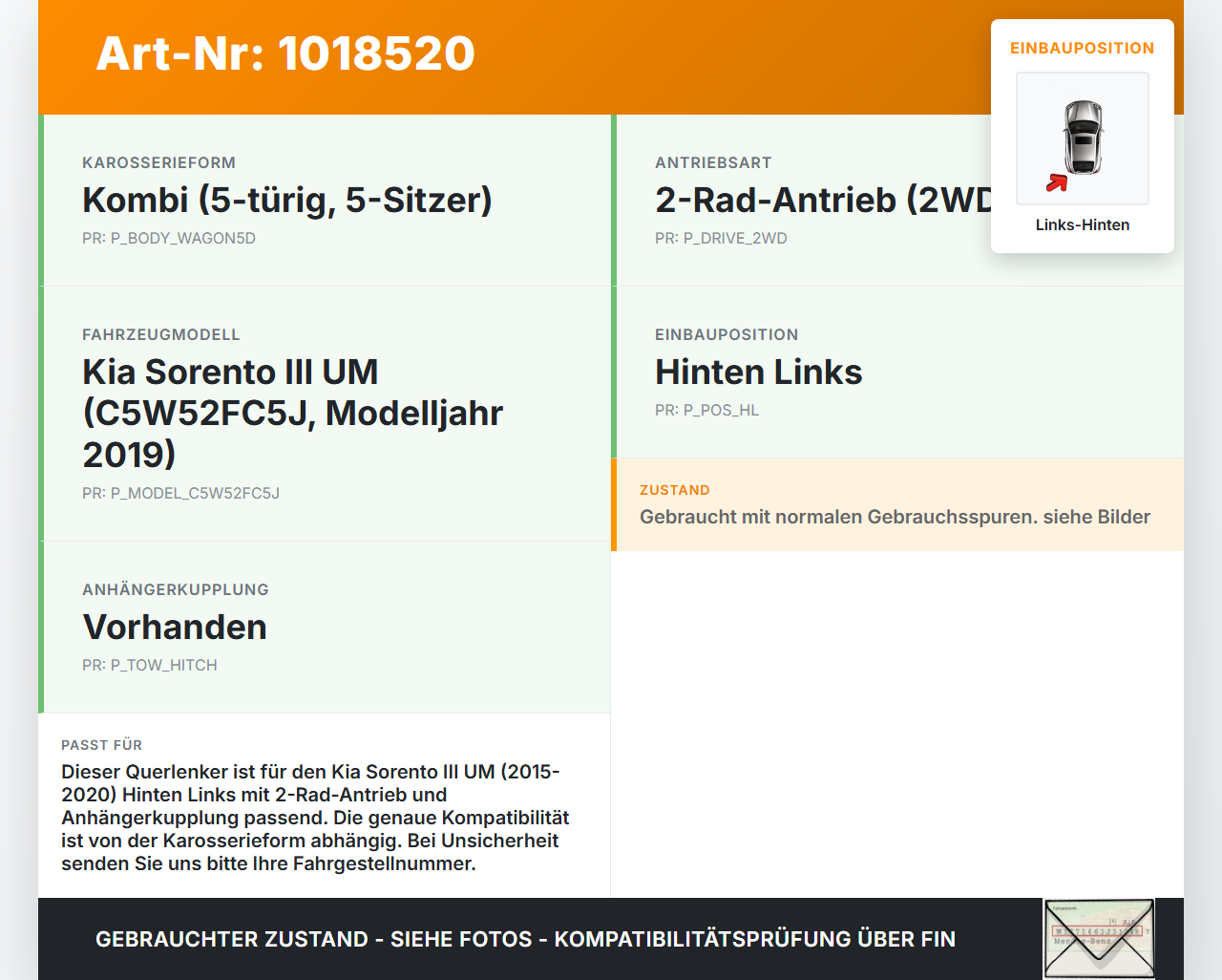 Kia Sorento III UM 15-20 Querlenker Links Hinten Kia Sorento III UM 15-20 11.10.2018 55253-C5000 gebraucht Vorschau 3