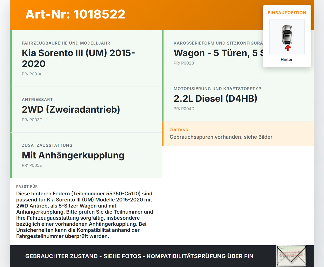 Kia Sorento III UM 15-20 Beide Feder Federn Hinten Kia Sorento III UM 15-20 11.10.2018 55350-C5110 gebraucht Vorschau 3