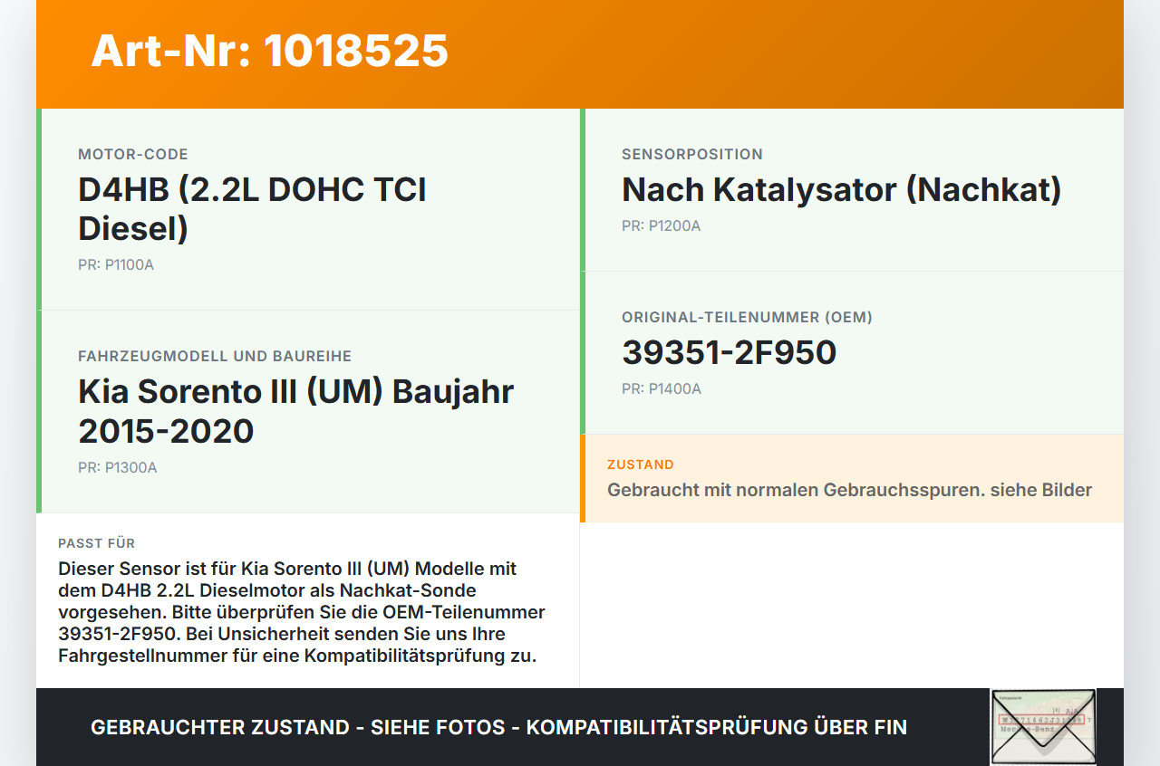 Kia Sorento III UM 15-20 TCi 2,2 147KW Lambdasonde Sauerstoffsonde Abgassonde Sensor Nachkat Kia Sorento III UM... Vorschau 3