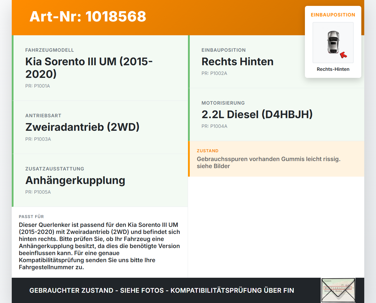 Kia Sorento III UM 15-20 Querlenker Rechts Hinten Kia Sorento III UM 15-20 11.10.2018 gebraucht Vorschau 3