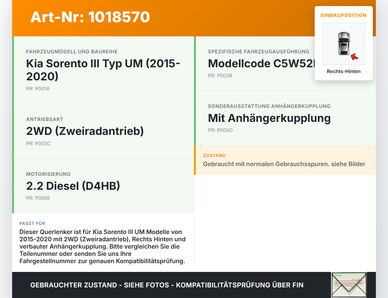 Kia Sorento III UM 15-20 Querlenker Rechts Hinten Kia Sorento III UM 15-20 11.10.2018 gebraucht Vorschau 3