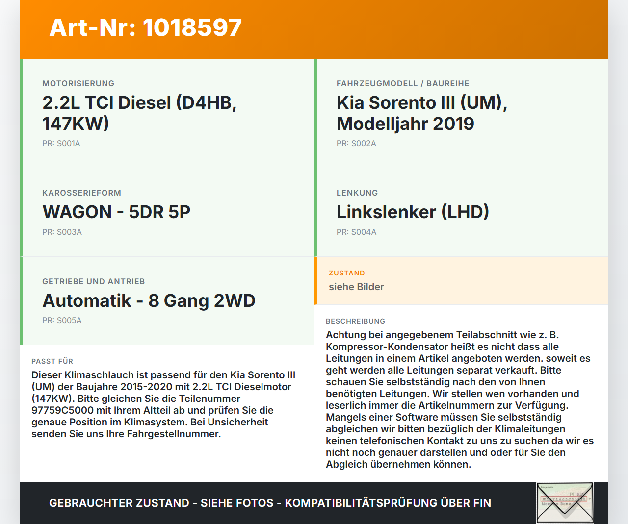 Kia Sorento III UM 15-20 TCi 2,2 147KW Klimaschlauch Klimaleitung Kia Sorento III UM 15-20 11.10.2018 T41623-0950... Vorschau 3