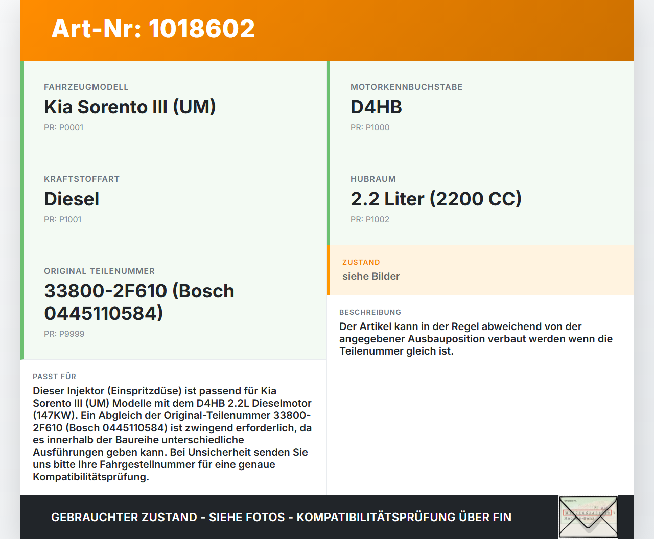 Kia Sorento III UM 15-20 TCi 2,2 147KW Injektor Einspritzdüse Zyl.1 Kia Sorento III UM 15-20 11.10.2018 33800-2F610... Vorschau 3