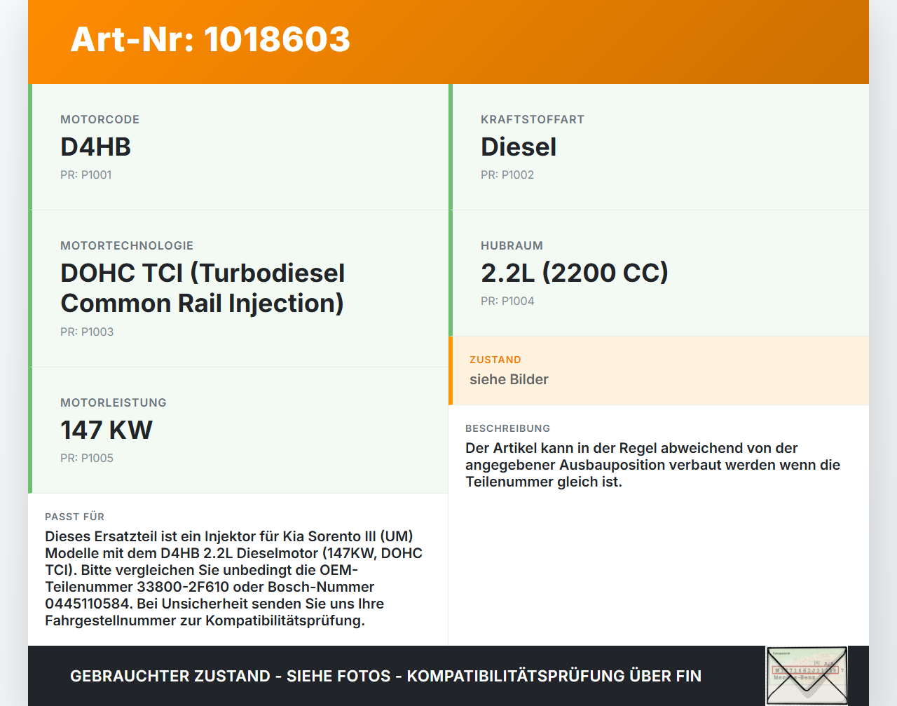 Kia Sorento III UM 15-20 TCi 2,2 147KW Injektor Einspritzdüse Zyl.4 Kia Sorento III UM 15-20 11.10.2018 33800-2F610... Vorschau 3