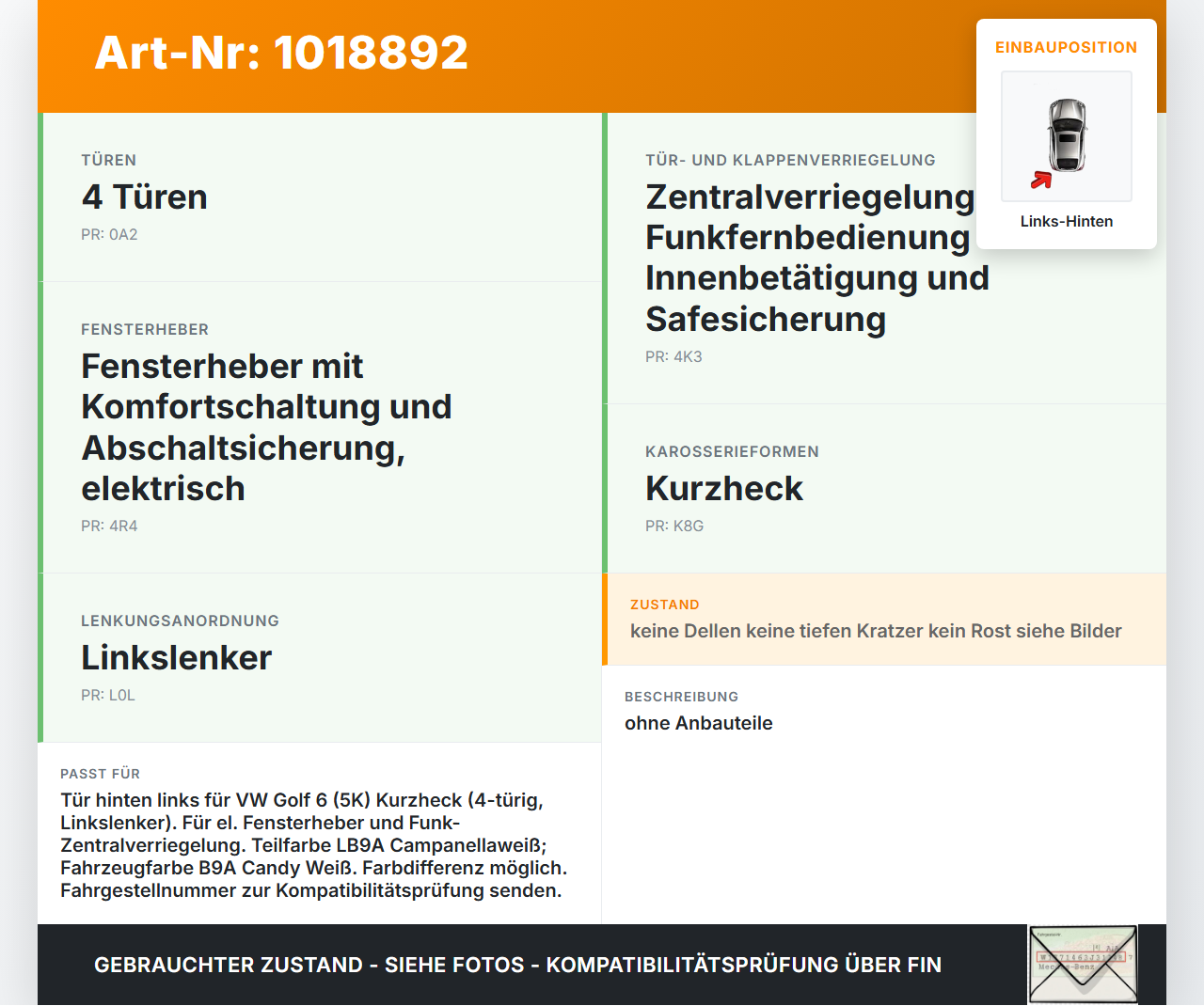 VW Golf 6 VI 5K 08-12 5T Tür Links Hinten LB9A VW Golf 6 VI 5K 08-12 15.06.2011 5K6833055K gebraucht Vorschau 3