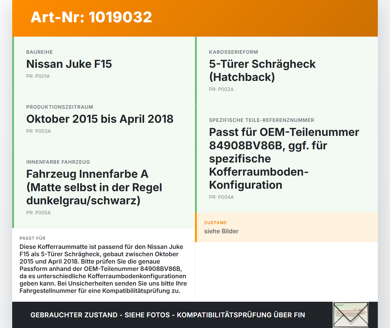 Nissan Juke F15 15-18 Kofferraummatte Kofferraum Einlegeboden Nissan Juke F15 15-18 01.01.2017 84908BV86B 84908BV... Vorschau 3