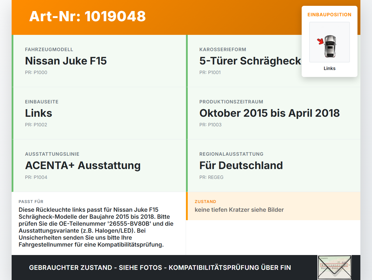 Nissan Juke F15 15-18 Rückleuchte Rücklicht Heckleuchte Links orig Nissan Juke F15 15-18 01.01.2017 26555BV80B... Vorschau 3