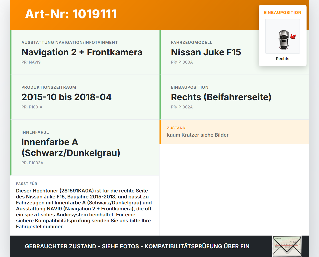 Nissan Juke F15 15-18 Lautsprecher Hochtöner Rechts Nissan Juke F15 15-18 01.01.2017 281591KA0A gebraucht Vorschau 3