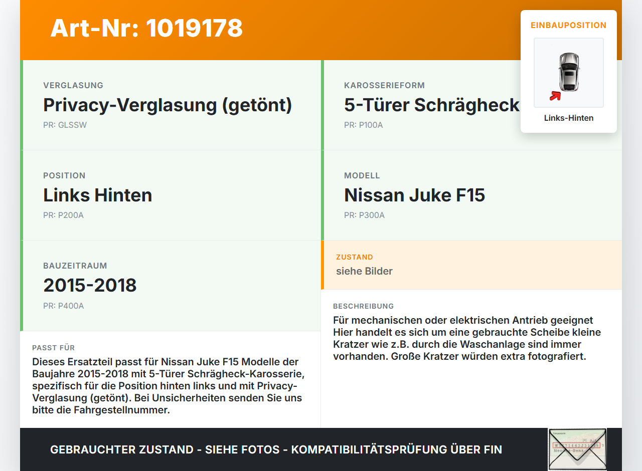 Nissan Juke F15 15-18 Seitenscheibe LHK für Tür Fenster Scheibe Links Hinten Orig. getönt Nissan Juke F15 15-18... Vorschau 3