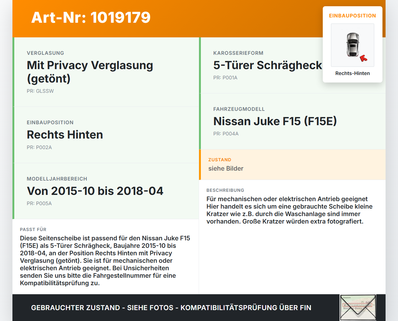 Nissan Juke F15 15-18 Seitenscheibe RHK Türscheibe Rechts Hinten Orig. getönt Nissan Juke F15 15-18 01.01.2017... Vorschau 3