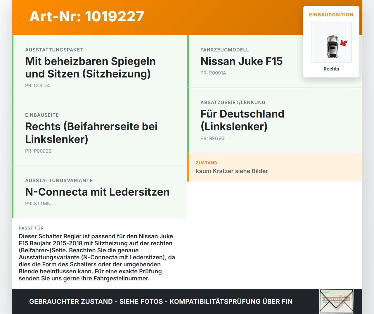 Nissan Juke F15 15-18 Schalter Regler für Sitzheizung Rechts Nissan Juke F15 15-18 01.01.2017 255003TA1A gebraucht Vorschau 3