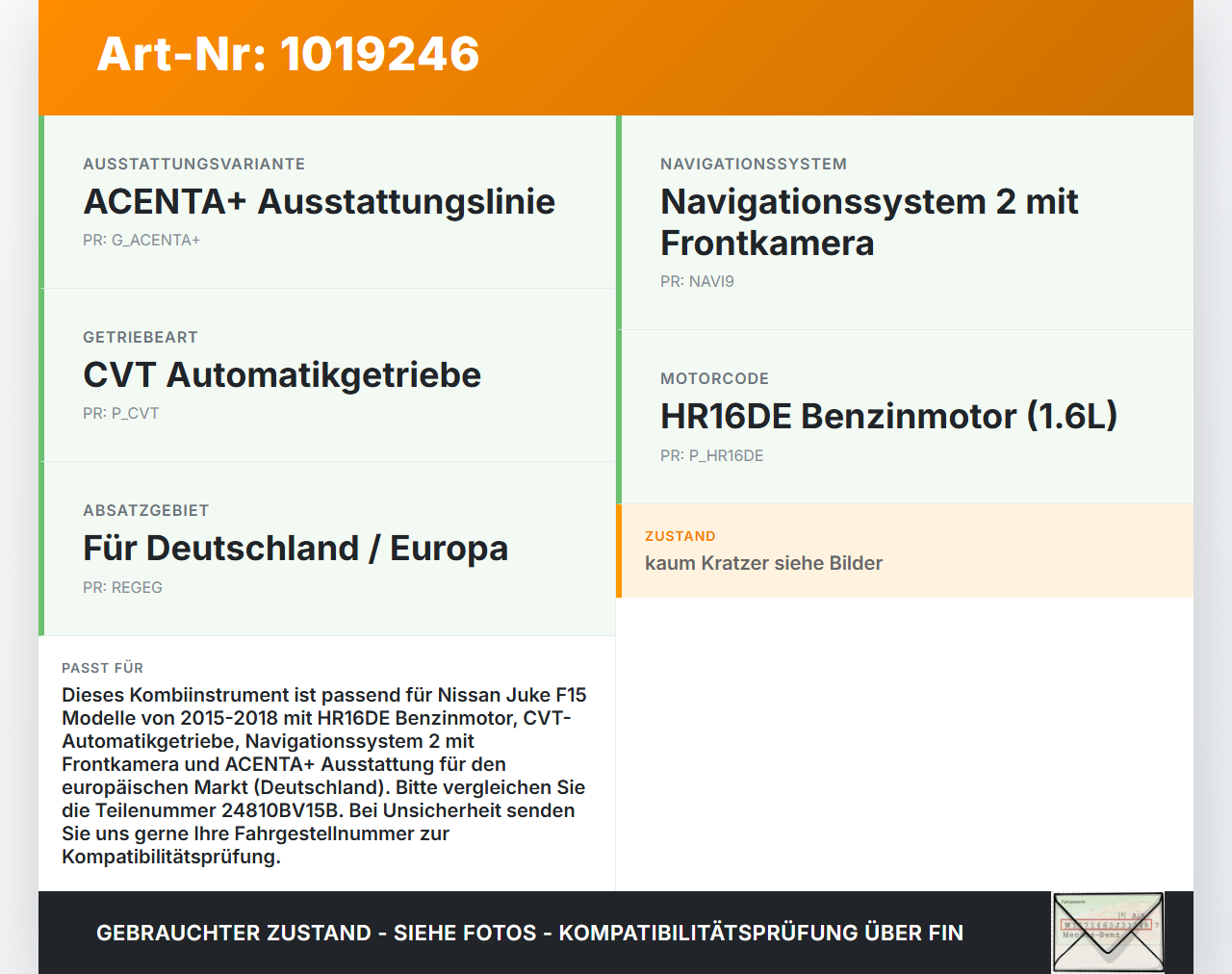 Nissan Juke F15 15-18 1,6i 86KW Kombiinstrument Tacho Nissan Juke F15 15-18 01.01.2017 24810BV15B gebraucht Vorschau 3