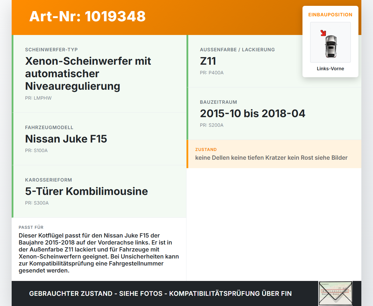 Nissan Juke F15 15-18 Kotflügel Links Vorne Z11 Nissan Juke F15 15-18 01.01.2017 F3101BV8MA gebraucht Vorschau 3