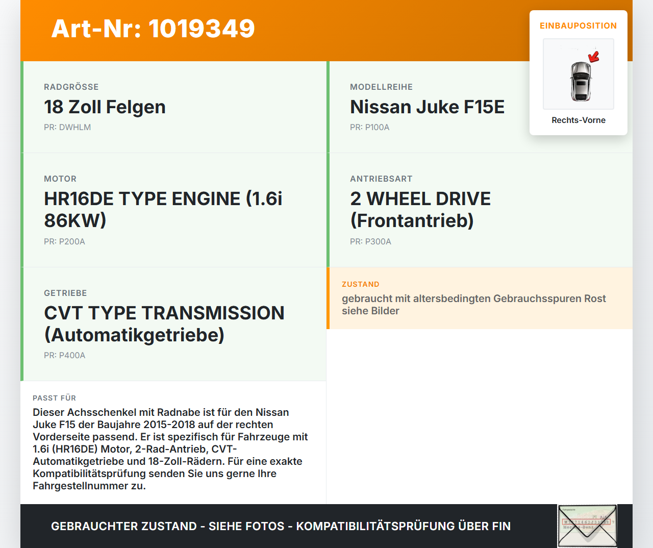 Nissan Juke F15 15-18 1,6i 86KW Achsschenkel Radnabe Rechts Vorne Nissan Juke F15 15-18 01.01.2017 400141KK0A gebraucht Vorschau 3