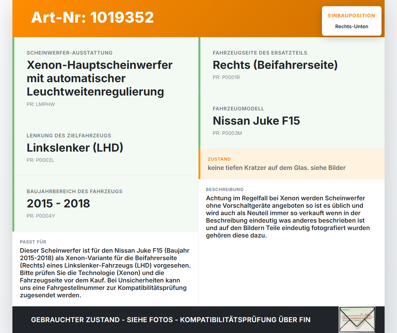 Nissan Juke F15 15-18 Xenon Scheinwerfer Frontscheinwerfer Rechts orig. Unten Nissan Juke F15 15-18 01.01.2017... Vorschau 3