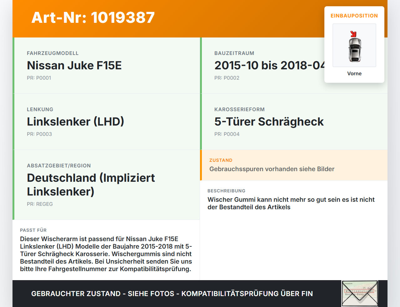 Nissan Juke F15 15-18 2x Scheibenwischer Wischarm Vorne Nissan Juke F15 15-18 01.01.2017 gebraucht Vorschau 3