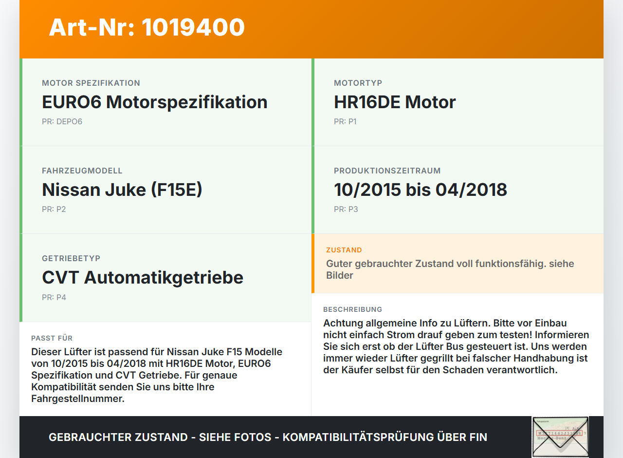 Nissan Juke F15 15-18 1,6i 86KW Lüfter Ventilator f. Kühler Nissan Juke F15 15-18 01.01.2017 21480-BA60C gebraucht Vorschau 3