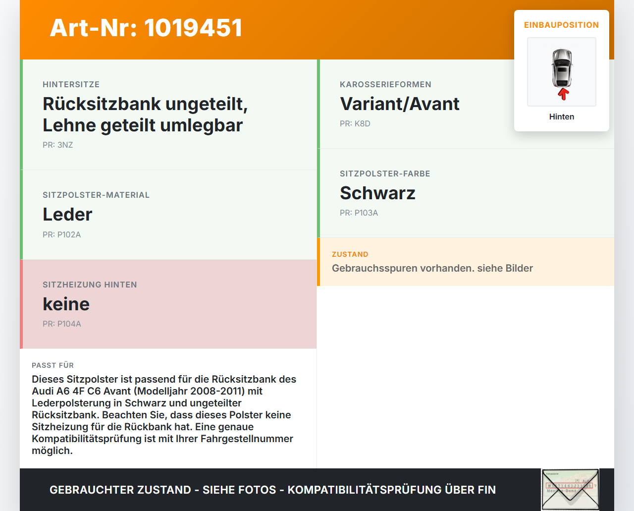 Audi A6 4F C6 08-11 Sitzpolster f. Rücksitzbank Hinten Leder Schwarz Audi A6 4F C6 08-11 10.03.2009 gebraucht Vorschau 3