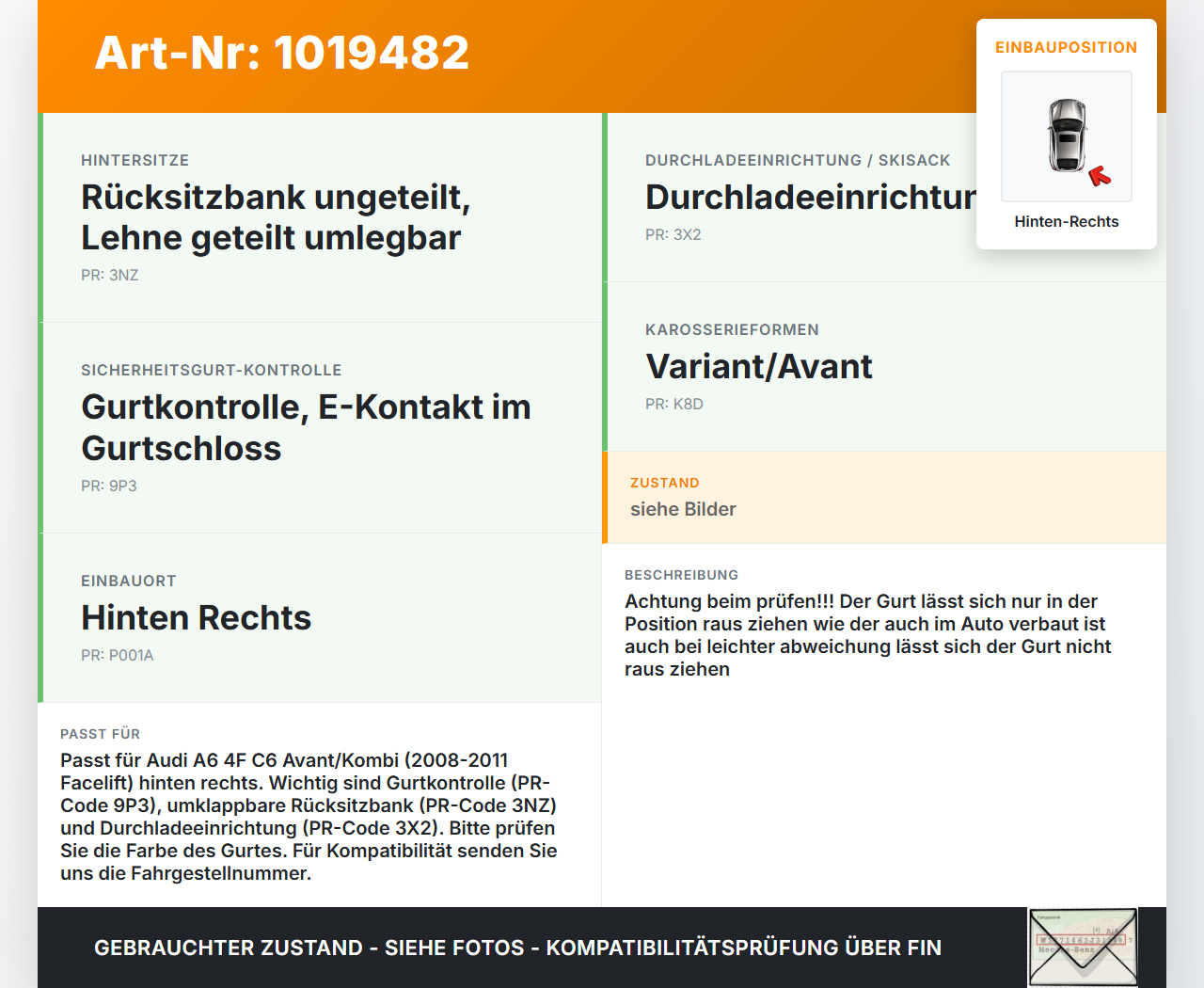 Audi A6 4F C6 08-11 Kombi Sicherheitsgurt Gurt Hinten Rechts Audi A6 4F C6 08-11 10.03.2009 4F0857805E 605827100... Vorschau 3