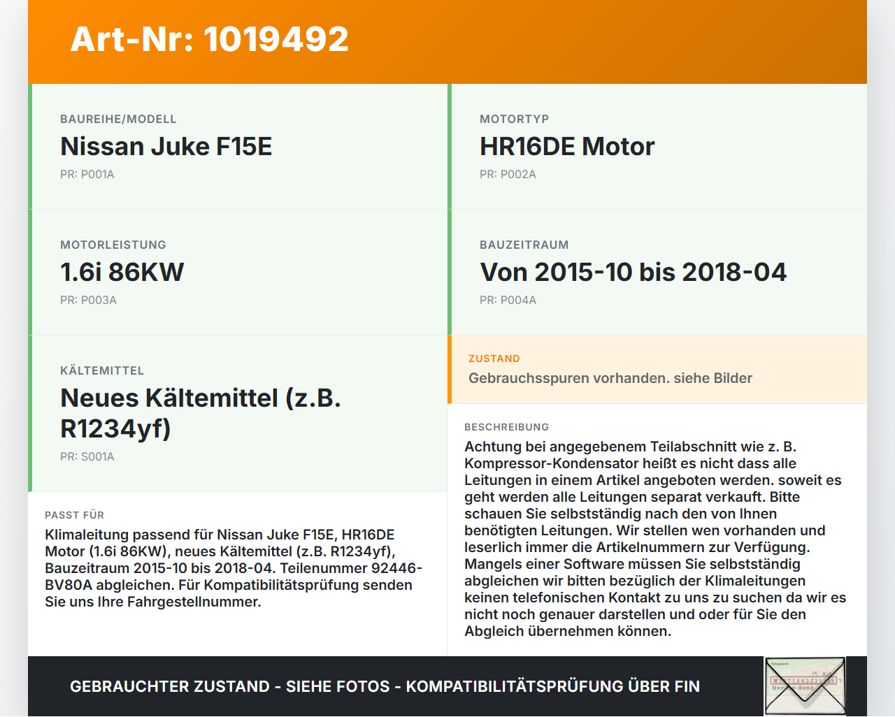 Nissan Juke F15 15-18 1,6i 86KW Klimaschlauch Klimaleitung Nissan Juke F15 15-18 01.01.2017 92446BV80A 92446-BV80A... Vorschau 3