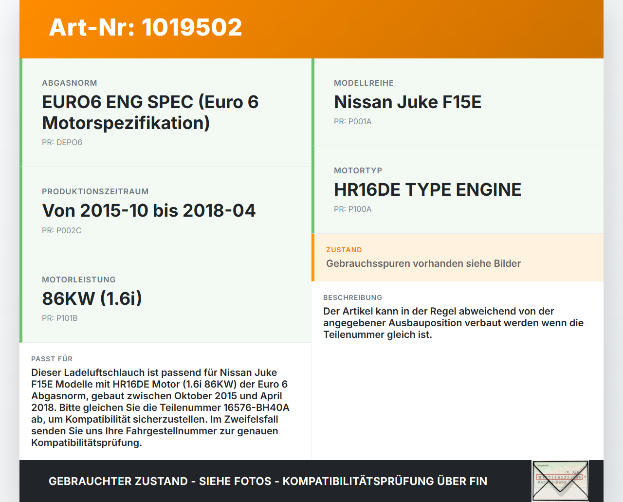 Nissan Juke F15 15-18 1,6i 86KW Ansaugrohr Ladeluftschlauch Luftschlauch Pos.1 Nissan Juke F15 15-18 01.01.2017... Vorschau 3