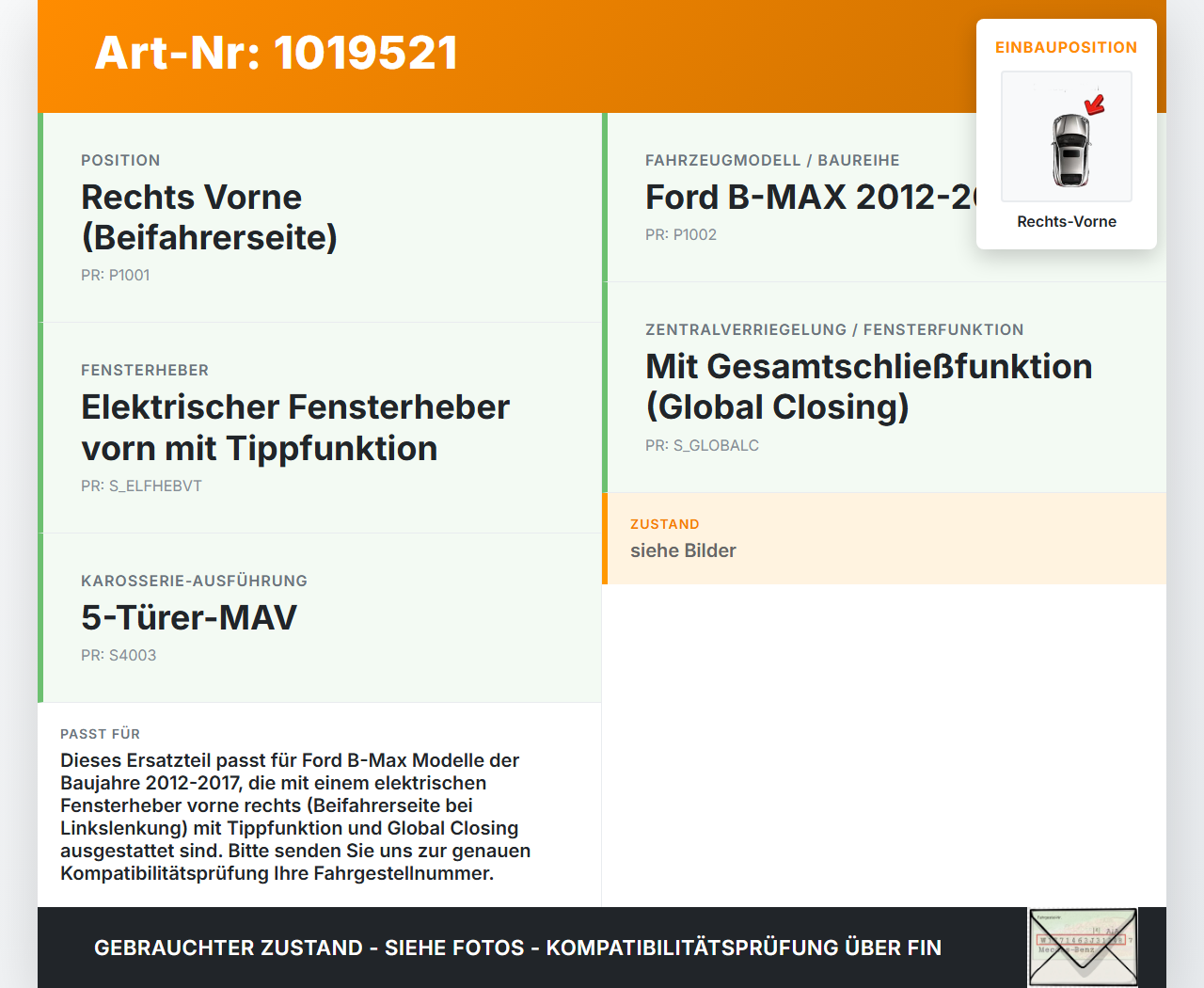Ford B-Max 12-17 Fensterhebermotor mit Fensterheber Rechts Vorne Ford B-Max 12-17 21.03.2013 AV11R23200BD gebraucht Vorschau 3