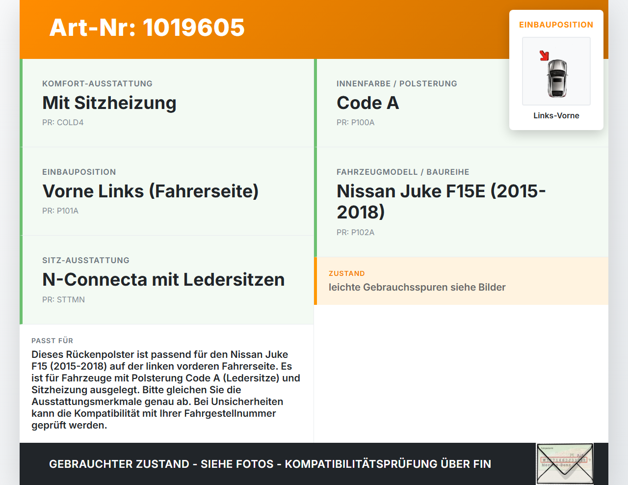 Nissan Juke F15 15-18 Sitzbezug Rückenpolster Links Vorne für Fahrer Sitz Nissan Juke F15 15-18 01.01.2017 gebraucht Vorschau 3