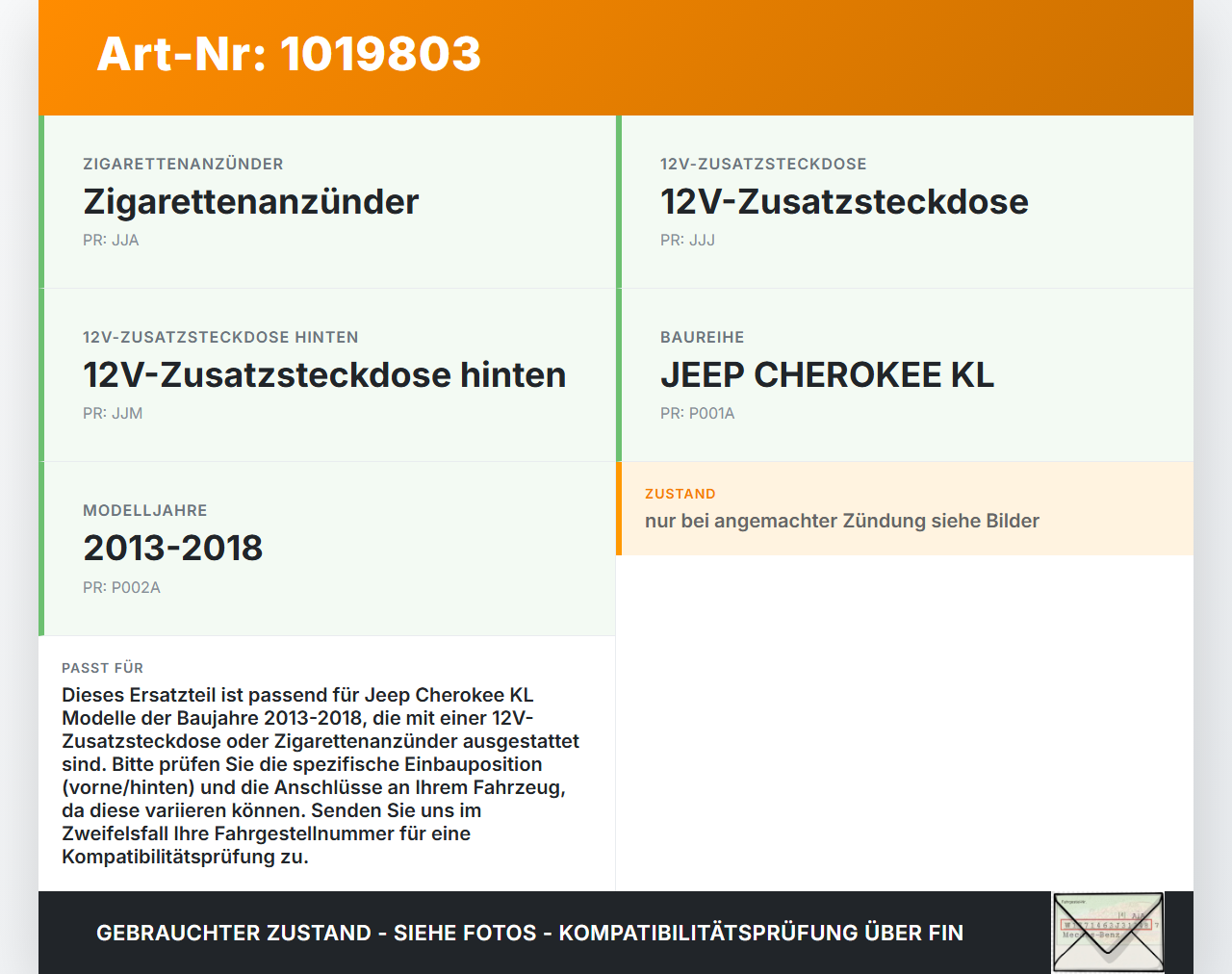 Jeep Cherokee KL 13-18 12V DC Steckdose Buchse Jeep Cherokee KL 13-18 01.01.2017 gebraucht Vorschau 3
