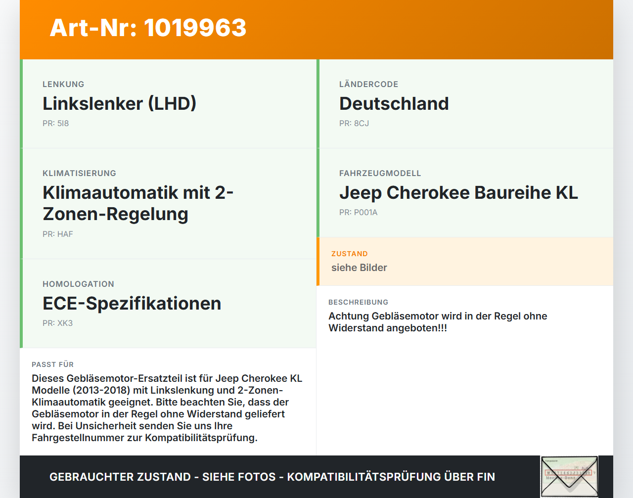 Jeep Cherokee KL 13-18 Gebläsemotor Lüftermotor Heizungsgebläse Jeep Cherokee KL 13-18 01.01.2017 gebraucht Vorschau 3
