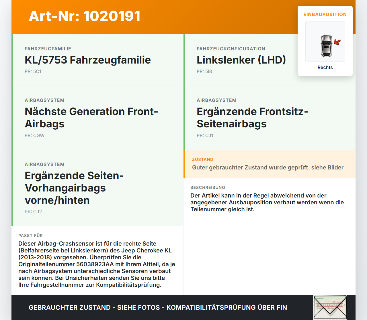 Jeep Cherokee KL 13-18 Sensor für Airbag Crashsensor Airbagsensor Rechts Jeep Cherokee KL 13-18 01.01.2017... Vorschau 3