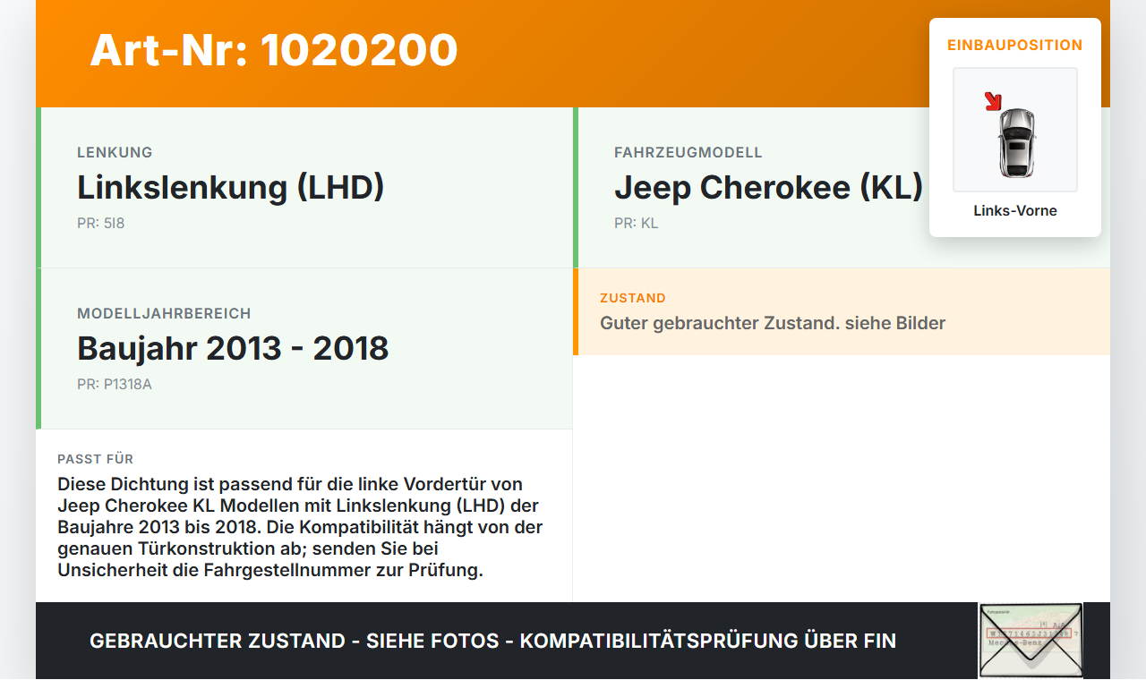 Jeep Cherokee KL 13-18 Dichtung für Rahmen Tür Links Vorne Jeep Cherokee KL 13-18 01.01.2017 gebraucht Vorschau 3