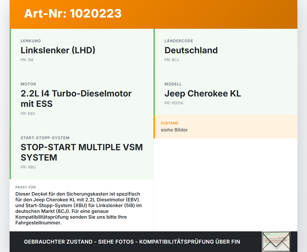Jeep Cherokee KL 13-18 2,2d 147KW Deckel für Sicherungskasten Zentralelektrik Jeep Cherokee KL 13-18 01.01.2017... Vorschau 3