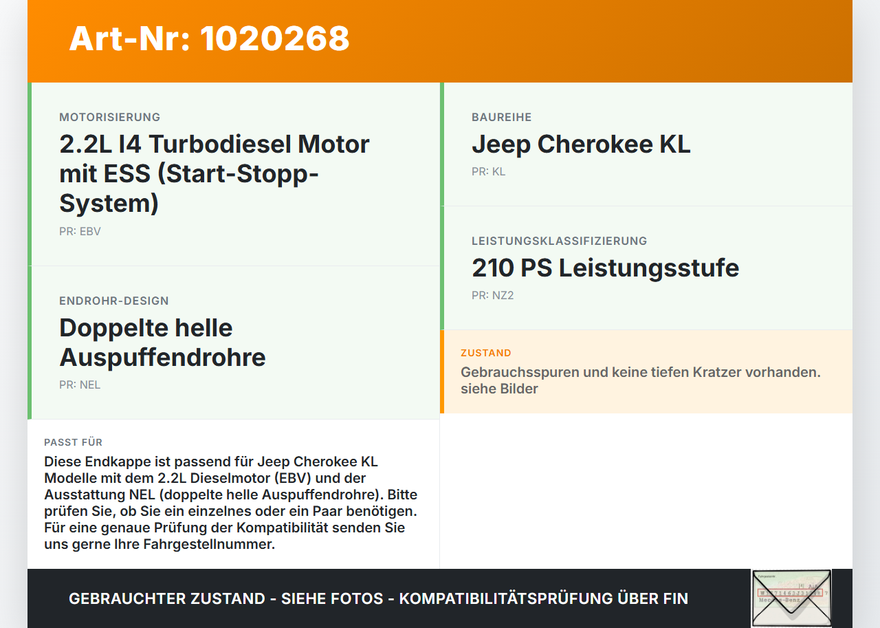 Jeep Cherokee KL 13-18 2,2d 147KW Endkappe Endrohrkappe Jeep Cherokee KL 13-18 01.01.2017 gebraucht Vorschau 3