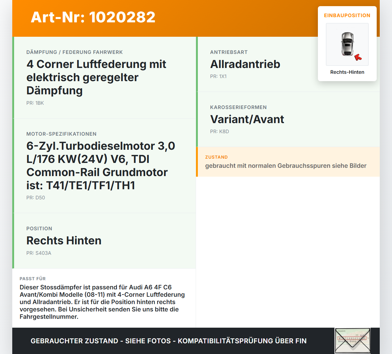 Audi A6 4F C6 08-11 Kombi Stossdämpfer Rechts Hinten Luftfahrwerk Luftfederung Audi A6 4F C6 08-11 10.03.2009... Vorschau 3