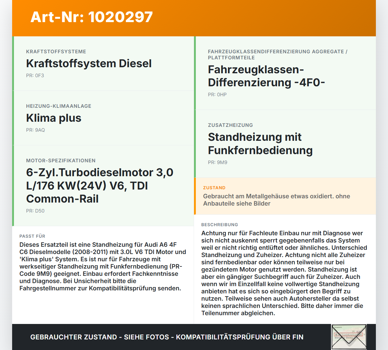 Audi A6 4F C6 08-11 Standheizung Zuheizer Webasto Thermo Top V Diesel Audi A6 4F C6 08-11 10.03.2009 4F0265105L... Vorschau 3