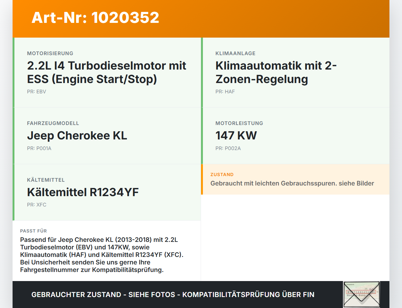 Jeep Cherokee KL 13-18 2,2d 147KW Klimakompressor Klima Kompressor Jeep Cherokee KL 13-18 01.01.2017 MC447160-6712... Vorschau 3