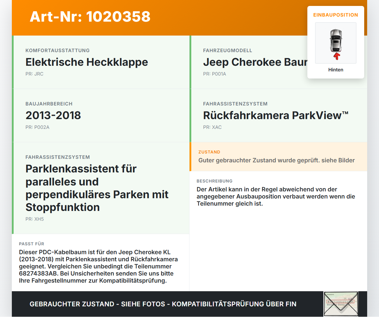 Jeep Cherokee KL 13-18 PDC Kabelbaum Leitungssatz Hinten Jeep Cherokee KL 13-18 01.01.2017 68274383AB gebraucht Vorschau 3