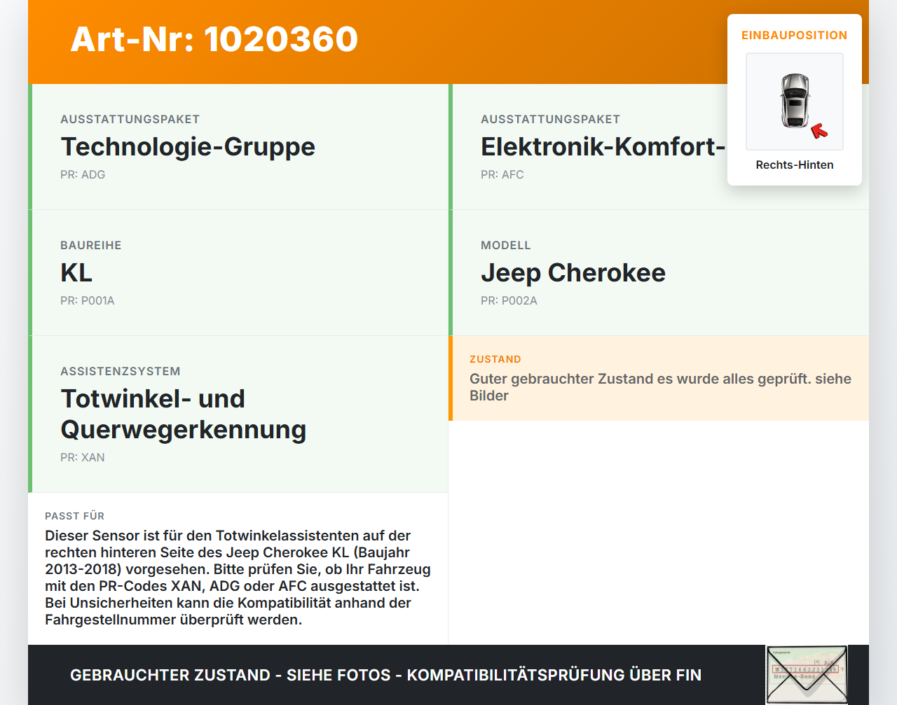 Jeep Cherokee KL 13-18 Sensor Totwinkelassistent Rechts Hinten Jeep Cherokee KL 13-18 01.01.2017 68302683AB... Vorschau 3