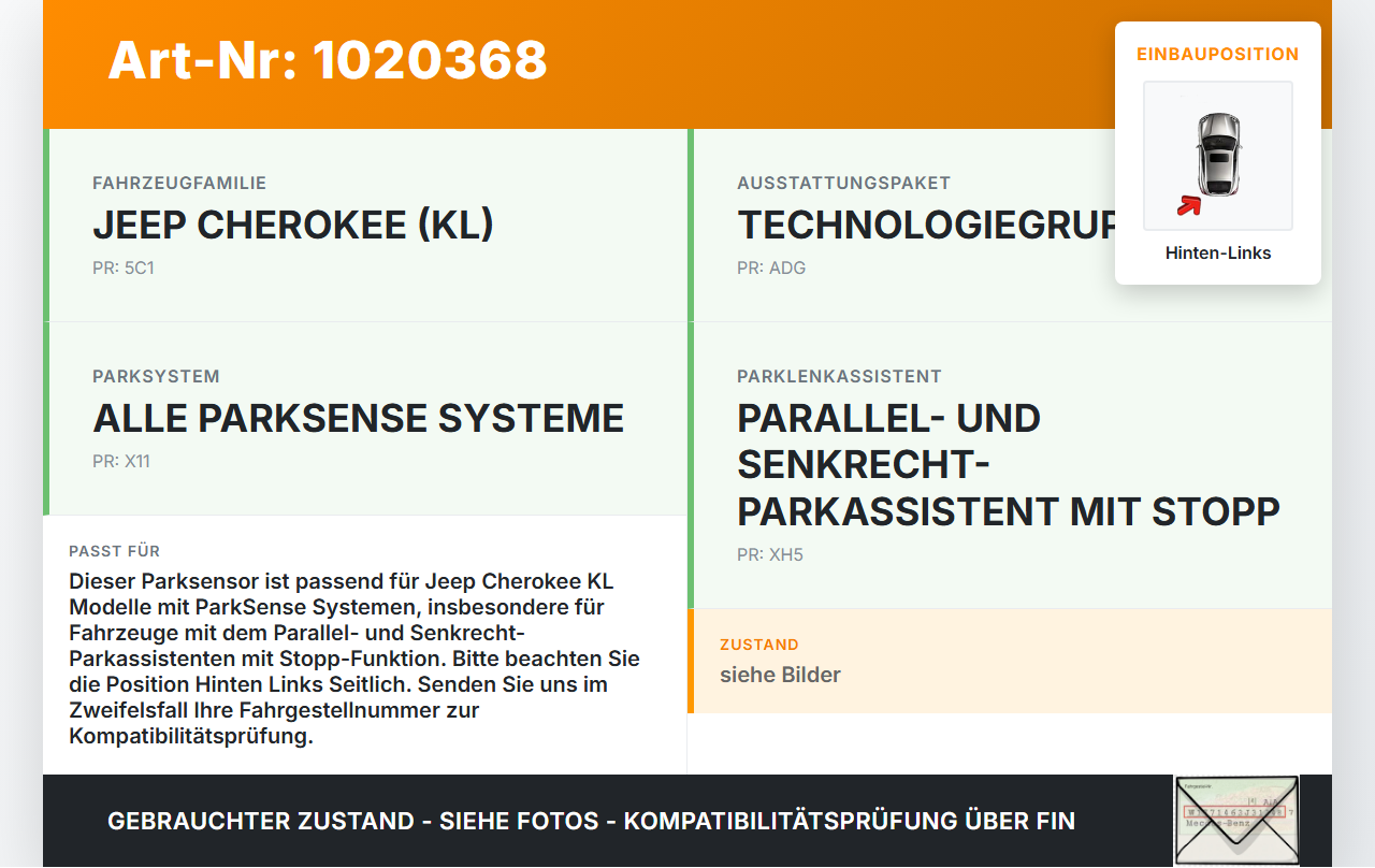 Jeep Cherokee KL 13-18 Abstands Sensor Parksensor PDC Hinten Links Seitlich Jeep Cherokee KL 13-18 01.01.2017... Vorschau 3