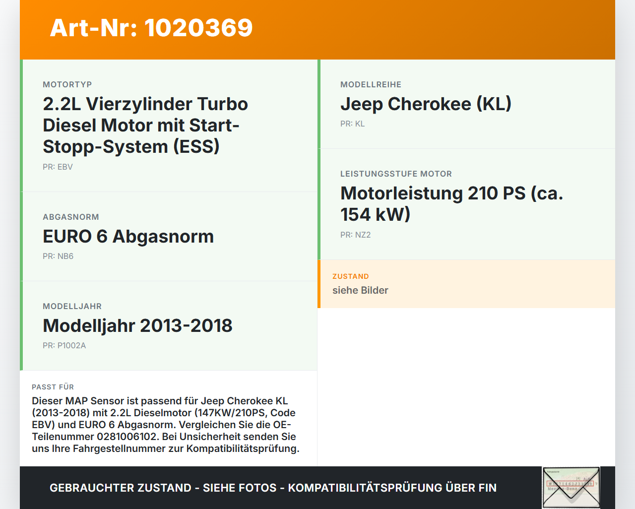 Jeep Cherokee KL 13-18 2,2d 147KW Luftdruck MAP Sensor Jeep Cherokee KL 13-18 01.01.2017 0281006102 gebraucht Vorschau 3