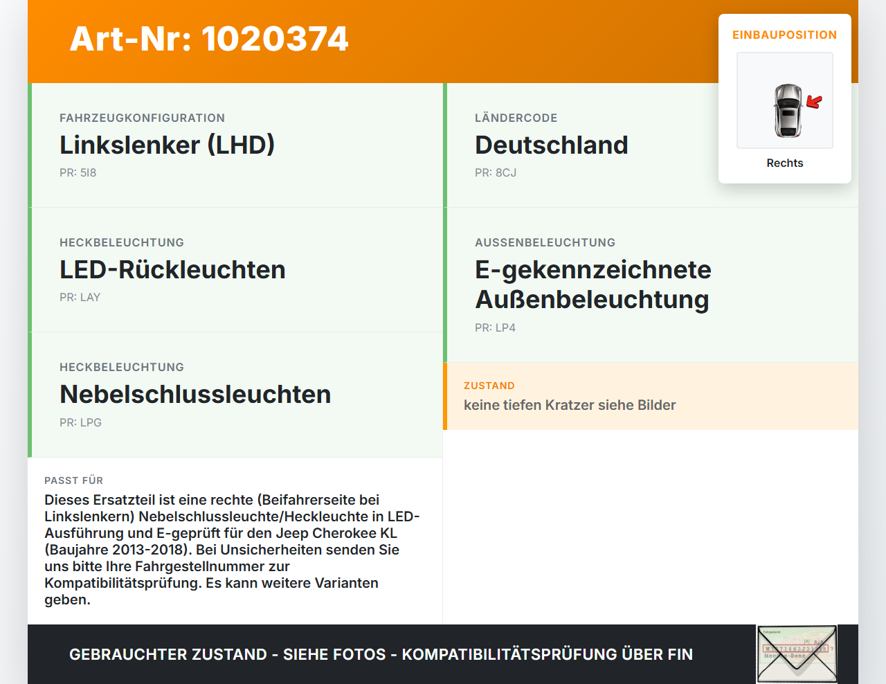 Jeep Cherokee KL 13-18 Nebelschlussleuchte Heckleuchte Rechts Jeep Cherokee KL 13-18 01.01.2017 gebraucht Vorschau 3