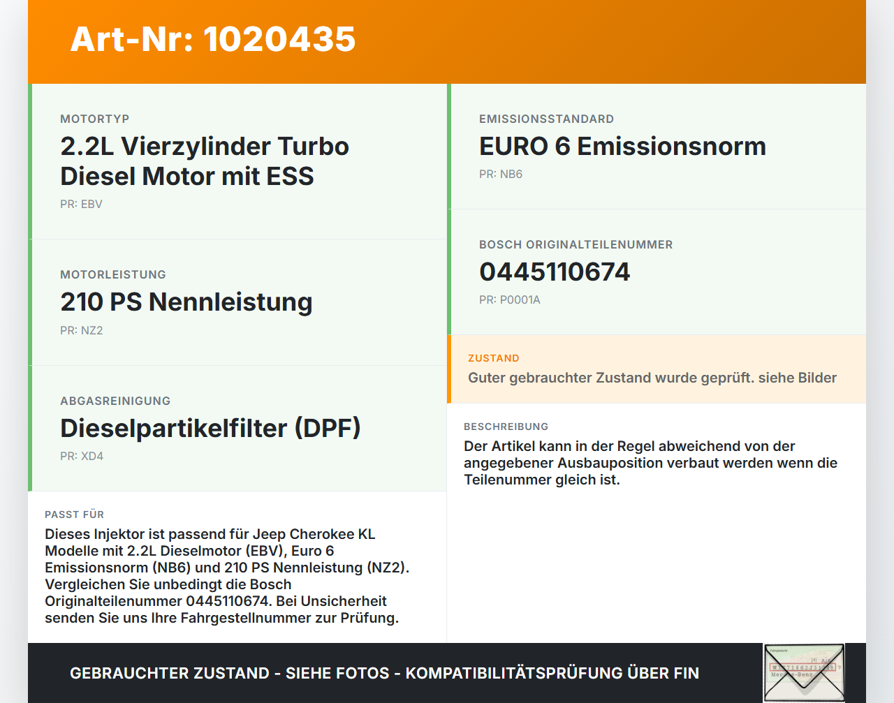 Jeep Cherokee KL 13-18 2,2d 147KW Injektor Einspritzdüse Zyl.1 Jeep Cherokee KL 13-18 01.01.2017 0445110674... Vorschau 3