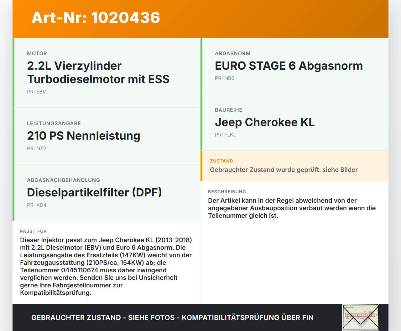 Jeep Cherokee KL 13-18 2,2d 147KW Injektor Einspritzdüse Zyl.3 Jeep Cherokee KL 13-18 01.01.2017 0445110674... Vorschau 3