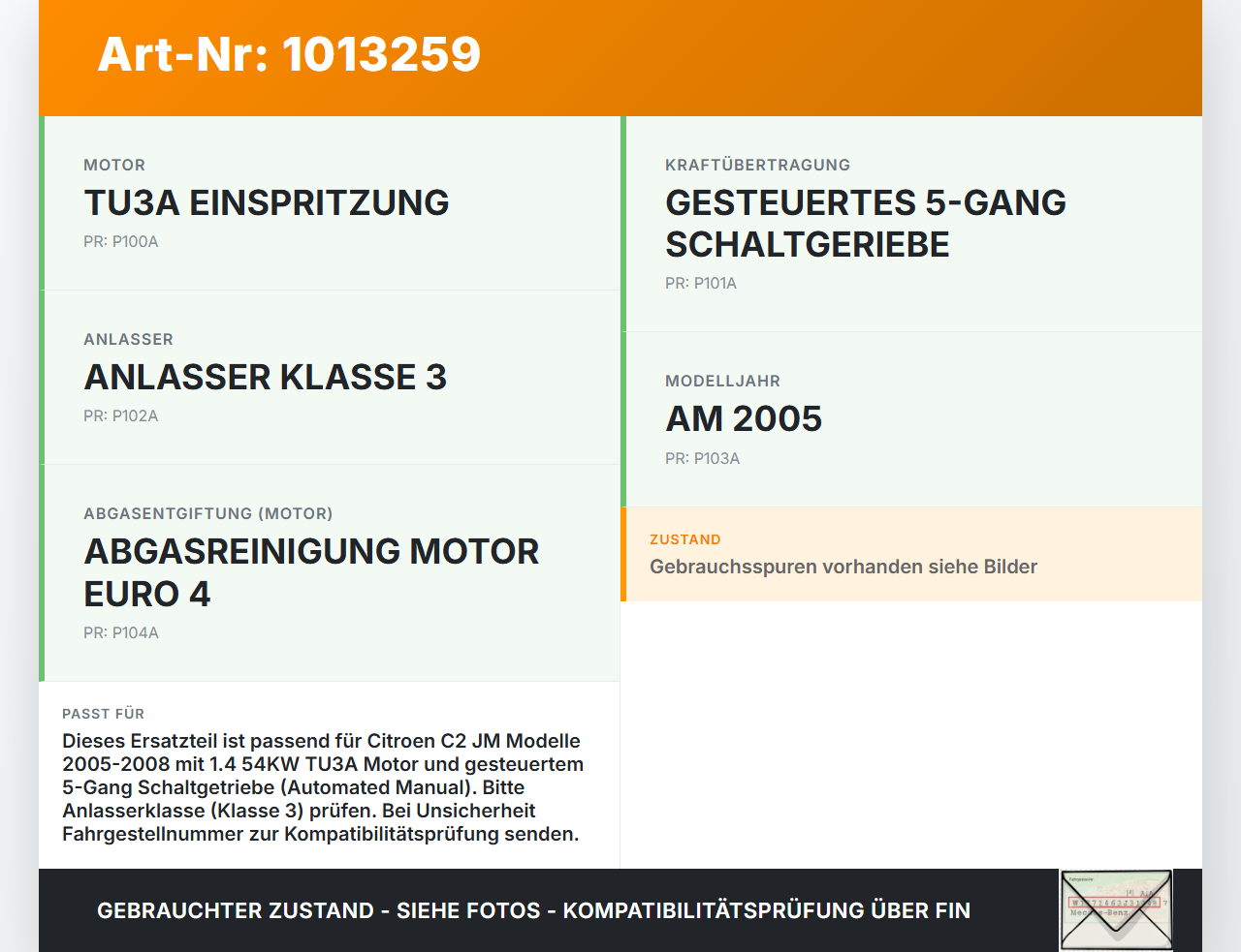 Citroen C2 JM 05-08 1,4 54KW Autom Anlasser Starter Citroen C2 JM 05-08 20.10.2006 5802CG C631807R D6RA572 5802CO... Vorschau 3